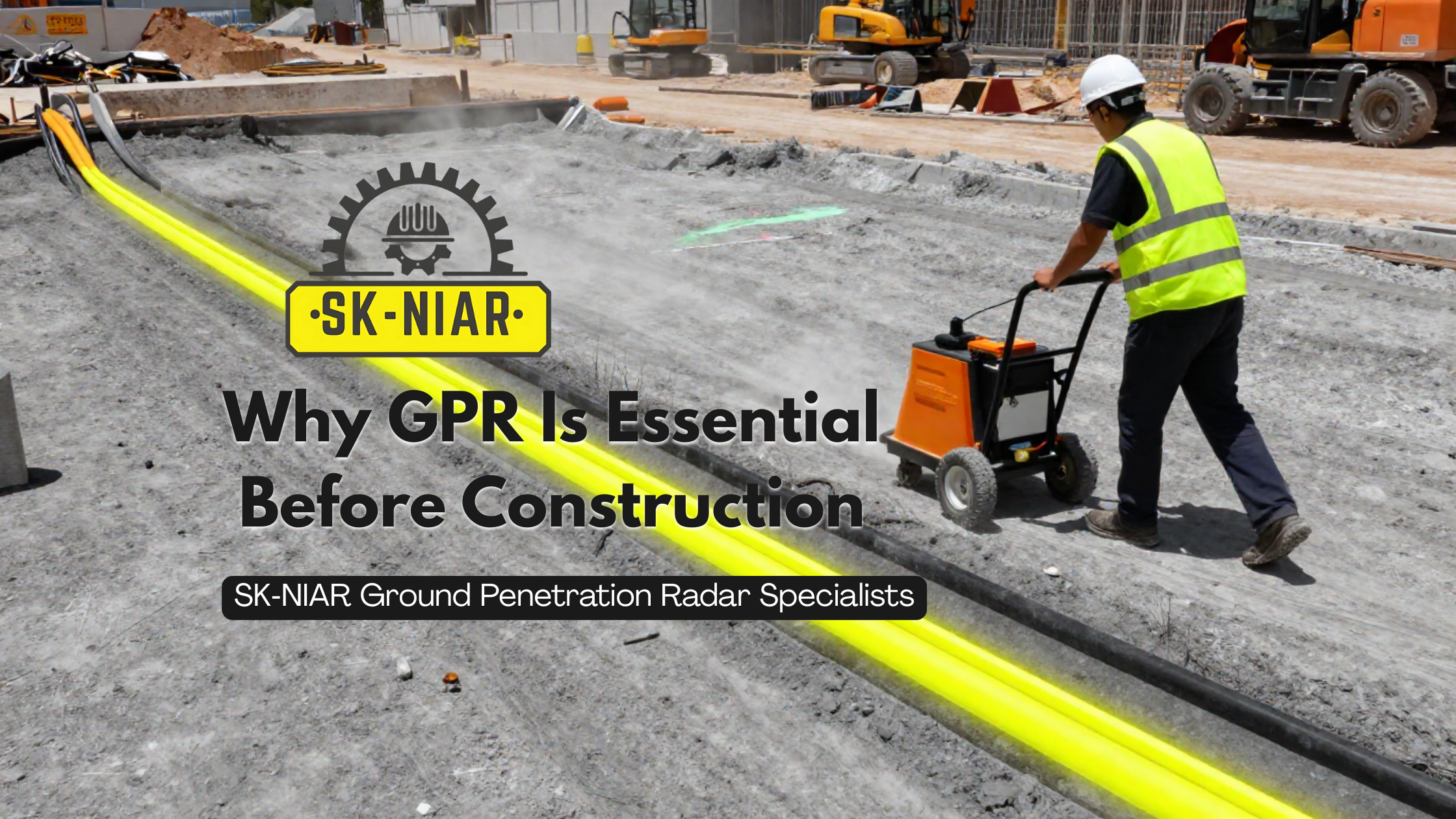 GPR technician scanning ground for underground utilities before construction.